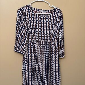 Boden Navy White & Brown Geometric Long-Sleeve Dress